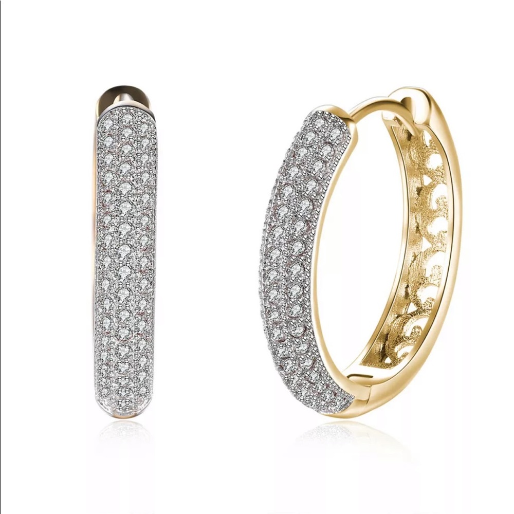 New Yellow Gold Plated Diamond Round Hoop Earrings - Picture 3 of 6